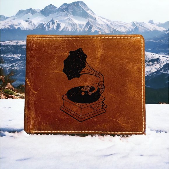 Record Player Leather Wallet Bifold Space 100% Genuine Buffalo Premium Quality - Picture 1 of 6